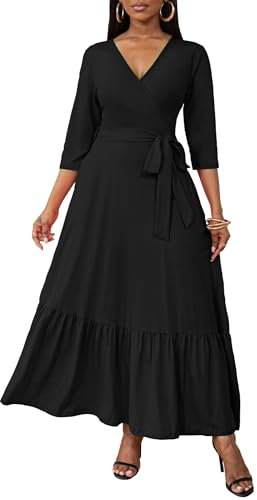 FANDEE Langes, fließendes Kleid für Damen, Sommer, V-Ausschnitt, Maxikleid mit Taschen, 3 4 Ärmel, fester Bindegürtel, A-Linie, gestufte Kleider, Einfarbig Schwarz, Groß