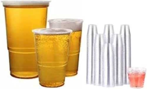HOT BARGAINS Reusable Plastic Pint and Shot Glass Set, 100 Pint Glasses (568ml) and 100 Shot Glasses (25ml), UKCA Marked, Transparent