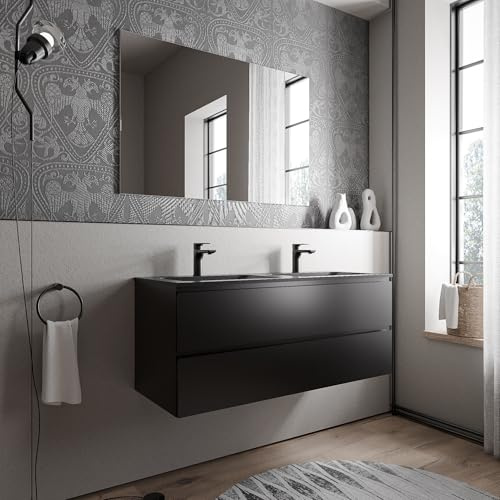 BERNSTEIN Badmöbel-Set Ava 120cm bestehend aus Mineralguss-Doppel-Waschbecken mit Unterschrank in Schwarz matt, Waschtisch CREAM - Schwarz matt mit Hahnloch, Ideal für große Bäder