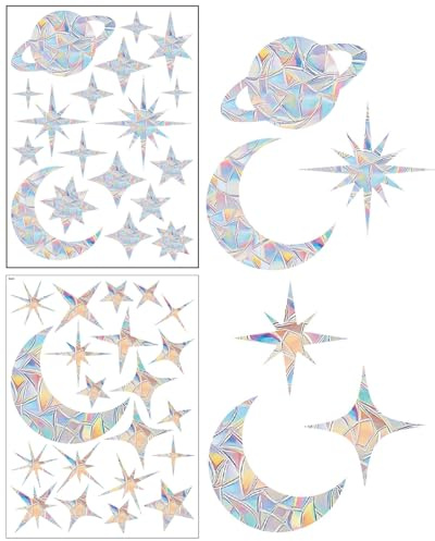 UYRVAPE 2 Blatt Stern Mond Prisma Fensteraufkleber Vogelschutz, Vogelschutz für Glasscheiben,PVC Suncatcher Sticker Regenbogen Fensterfolie,Anti-Kollisions-Aufkleber,Vogelschutz Aufkleber für Fenster