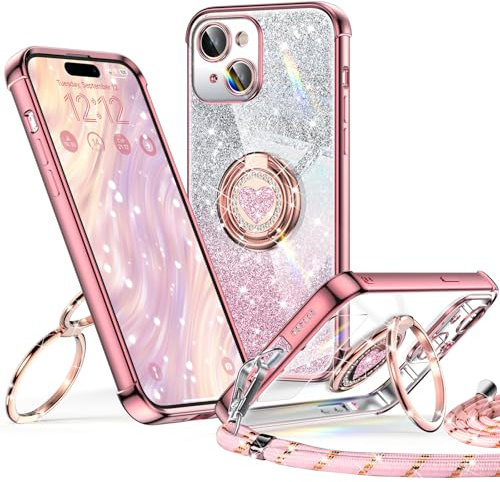 XYZ for iPhone 15 Case with Stand, Rose Gold | Cute Luxury Heart Double Ring Holder, Glitter Clear Protective Phone Case with Lanyard for Women Girls
