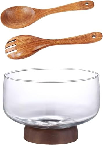 Grand bol à salade en bois d'acacia avec ustensiles de service Idéal pour les fruits, le popcorn, les frites, les pâtes et les plats principaux, saladier en verre inclus