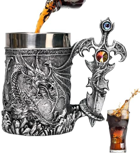 Sghtil Tasse à café Dragon,Tasse à café en acier inoxydable,Verres à bière avec motif dragon médiéval de 600 ml | Carafes à bière et chopes de grande capacité pour les réunions
