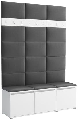Brent - Garderobenschrank Flur Weiß mit sitzbank 150 cm Breit Luton 3 - Multifunktionale Flurgarderobe Set mit Stauraum und Wandpaneel, Garderobe mit Sitzfläche und Kleiderhaken