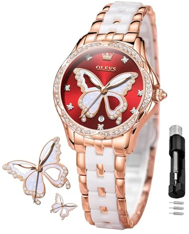 OLEVS Damen-Diamantuhr Elegante Luxus-Armbanduhr Damenuhr aus Roségold mit Keramikglas