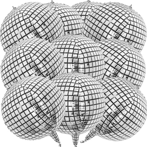 Hurifeng 10 pc Discokugel Luftballon Set; 22 Zoll Folienballon; Silber Disco Ballons für Party Deko; Helium Ballons; Disco Ballons für Geburtstag; Karneval - Discokugel Deko Highlight