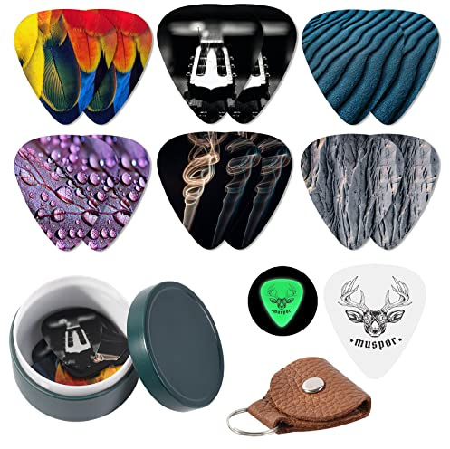 Greabuy Gitarrenplektren-Set mit Leder-Plektrenhalter und Blechbox, einzigartiges künstlerisches Gitarrenplektrum für Bass und Elektro