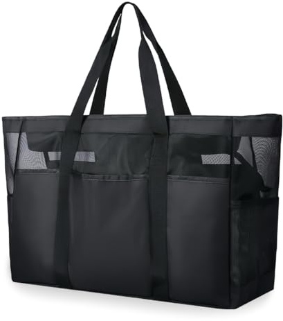VerLuky Borsa da Spiaggia Nero XXL Famiglia con Cerniera,50 * 34 * 20cm Borsa Mare Donna Grande,Borsa da Spiaggia Impermeabile per Shopping Viaggio Picnic Spiaggia