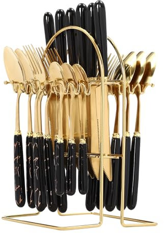 24pcs Mixed Cutlery Set Stainless Steel Ceramic Handle Tableware Dinnerware Set with Storage Stand-Knives/Spoons/Forks/Teaspoons for Family, Restaurants, Restaurants, Parties (Black+Gold)