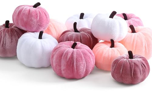 XIANNVXI 12 Pcs 3 Colours Pink White Small Velvet Pumpkins for Autmn Decor Artificial Fake Pumpkin Decoration Faux Fabric Foam Pumpkin for Halloween Decorations Fall Autumn Decoration Thanksgiving