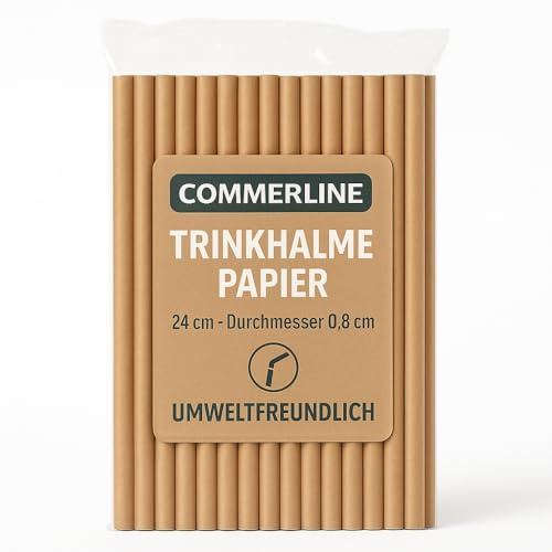 Commerline 500 stycken papperssugrör, sugrör med Ø 8 mm, 24 cm, bruna cocktailsugrör för fester, sugrör av papper för blandade drycker, smoothies, biologiskt nedbrytbara sugrör papper