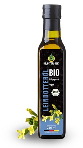 Kräuterland Bio Leindotteröl 250ml kaltgepresstes Camelina-sativa-öl | Rohkostqualität, nativ, mühlenfrisch, glutenfrei, für Salat, Quark, Dips & Pesto, Omega-3 Alpha-Linolensäure, Vitamin E