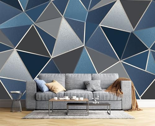 JEDTAKCT Papier Peint 3D Panoramique Motif Sculpture Triangle Marbre Moderne Papier Peint Poster, Bleu Marine Muraux Photo Pour Salon Chambre Restaurant Couloir Tv Fond Décor Mural 200X140Cm