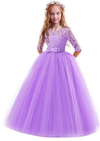 Catena di pantaloni Set prestazioni tutù vestito ragazza formale ragazza pizzo abiti da sposa bambino Bowknot ragazza vestito e gonna tulle ragazza, Lilla, 9-10 Anni
