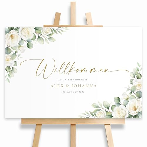 HEI Print Willkommensschild Hochzeit mit weißen Rosen und Eucalyptus, mit Datum und Namen, personalisierte Hochzeitsdeko, Willkommen Schild, Blumen, Leinwand, 60x40
