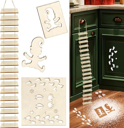 Eopvttge 4 STK Wichtel Zubehör Wichtel Weihnachten Set,1m Wichtel Strickleiter, Fußabdrücke Schablone, Weihnachtsdeko Böden Fensterdekoration GNOME Streich Strickleiter, Wichtel Baustelle