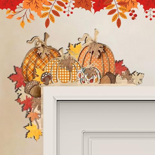 Türrahmen Deko Türdeko Herbstdeko Wichtel aus Holz, Herbst Deko Tür Kürbis Ahornblatt Zwerg Figur, Herbst Dekoration Innen Türecke für Thanksgiving, Erntedankfest, Fenster, Kamin, Kühlschrank (D)