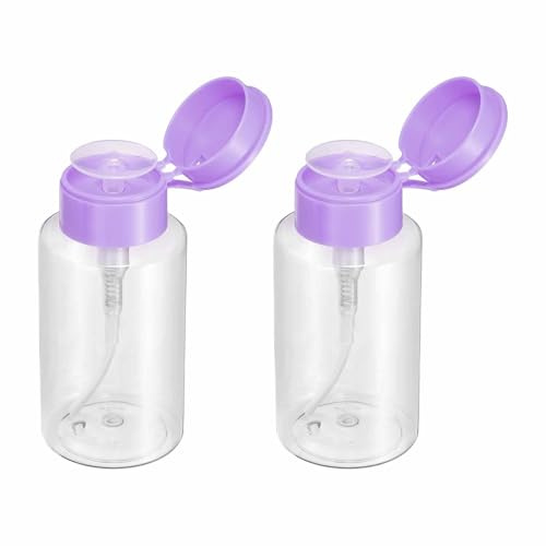 HARFINGTON 2pcs 6.7oz (200ML) Push Down Pump Dispenser Bottles,Purple | Plastic Nail Polish Remover Pumping Empty Bottle with Flat Flip Cap for Makeup Remover Alcohol Facial Toner