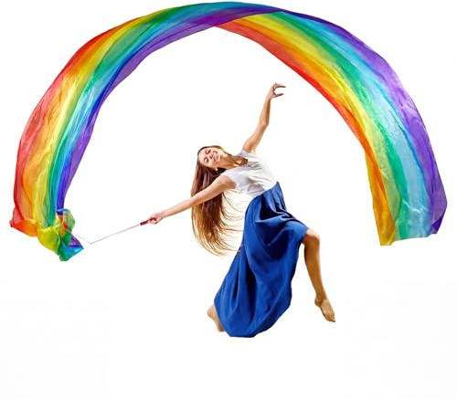 Moukeren 16.5 ft x 35 in Professional Colorful Dance Streamer Dance Ribbons, Rainbow Silk Ribbon Flags for Worship with Flexible Rod Artistic Dancing Baton Twirling Church Praise Talent Shows