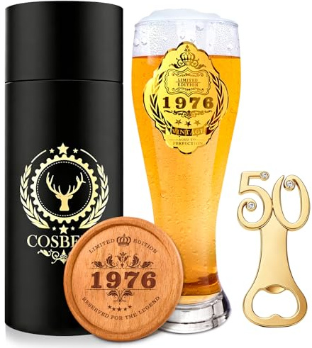 COSBERY 1976 50:e födelsedagspresenter för män, personlig 50:e födelsedag dekoration ölgåvor för män, 1976 ölglas 580 ml, 50 ölflasköppnare, träunderlägg, herrpresent för pappa bröder vänner