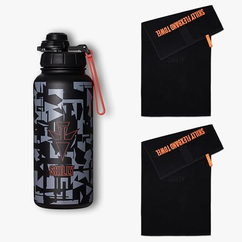 skilly Fitness Bundle Light+ Set für das Fitnessstudio | 2x Fitness Handtuch black+ Flasche split, Fitness Handtuch 100x50cm | Flasche 950ml