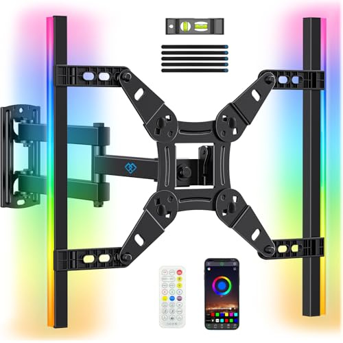 PERLESMITH Support Mural TV Éclairage LED pour Echo Show 21/15 et TVs 12″ à 42″ à 20 kg, VESA Max. 200 x 200 mm, Support TV Rétroéclairé Sync Musicale, Rotation, Pivotement, Extension et Inclinaison