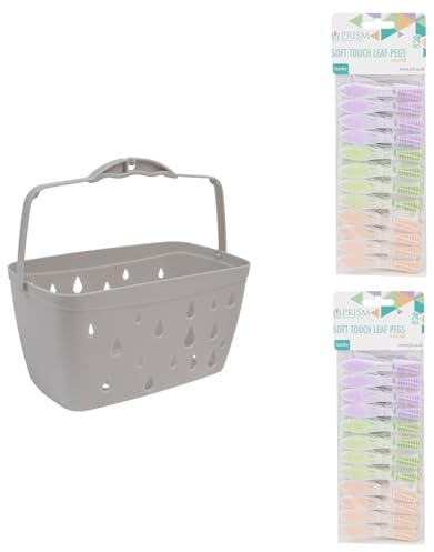 JVL Grey Peg Basket with 48 Soft Touch Leaf Clothes Pegs – Laundry Peg Storage – Assorted Colours