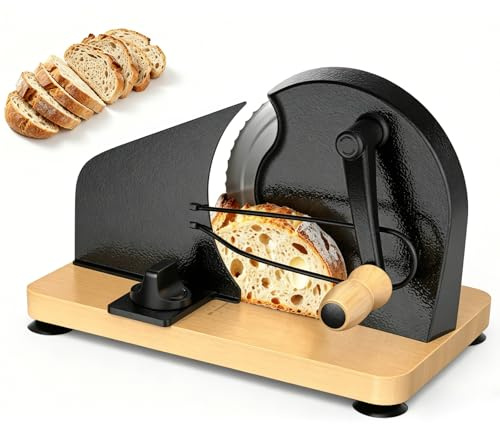 Brotschneidemaschine Manuell mit Handkurbel | Einstellbare Scheibendicke | Scharfe Edelstahlklinge & Buchenholz Basis | Rutschfest durch Saugnäpfe | Kompakt für selbstgemachtes Brot & Sauerteigbrot