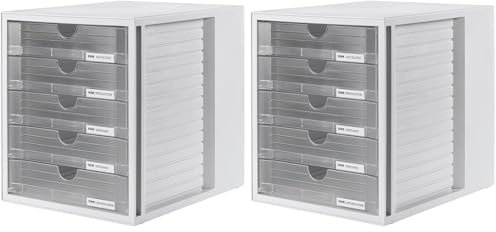 HAN Schubladenbox SYSTEMBOX mit 5 geschlossenen Schubladen, Schreibtisch oder im Schrank, inkl. Auszugsperre + Beschriftungsclip, möbelschonende Gummifüße, 1450-63, lichtgrau/transluzent-klar