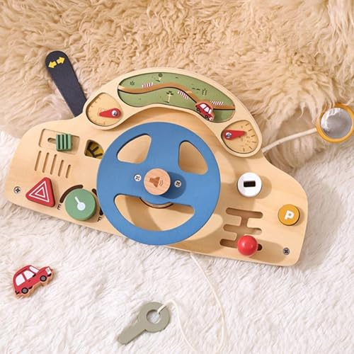 Jessruly Montessori Busy Board – Wooden Steering Wheel Sensory Board with Push-Peel Fidget Elements, Car Ride Activity Board & Early Development Toy