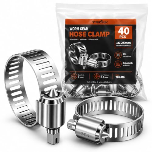 Hose Clips, 40 Pack 16-25 mm Stainless Steel Jubilee Clips, Adjustable Metal Worm Gear Hose Clamp for Automotive, Plumbing & Household Repair, Secure Leak-Resistant Hose Connections