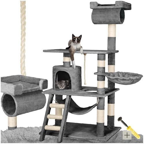 tectake Kratzbaum für Katzen mit Katzen Hängematte, Liegemulde, Höhle, Treppe, Röhre und Spielkordel, Kratzbaum groß mit Sisal und Plüsch, Kratzmöbel Katzenbaum groß XXL mit Hängematte Katze