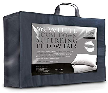 Littens 50cm x 90cm Super King Size Luxury Ultimate Collection 50% Pure White Goose Down & Feather Pillows Pair 280TC 100% Cotton Jacquard Casing, Down Proof (20” x 36)