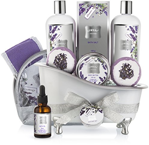Mothers Day Bath Gift Basket Set for Women: Relaxing at Home Spa Kit Scented - Lavender and Jasmine with Large Bath Bombs, Salts, Shower Gel, Body Butter Lotion, Bath Oil, Bubble Bath, Loofah & More