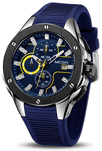 MEGIR Orologio sportivo da uomo analogico militare militare con cronografo luminoso al quarzo con elegante cinturino in silicone blu per regali (2053) blu