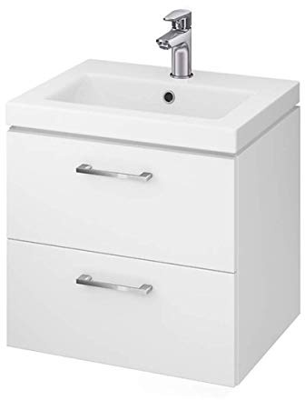 VBChome Waschtisch mit Unterschrank 50 cm Weiß Hochglanz – Badmöbel Set mit 2 Schubladen Soft-Close – Hängender Badezimmerschrank mit Keramik Waschbecken – Modernes Design
