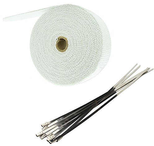 Mintice 5CM X 15M Fiberglas Weiß Hitzeschutzband Auspuffband Auspuff Hitze Wickel Schild Hülle Auto Motorrad Krümmerband mit 6 Pcs Kabelbinder