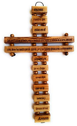 The Good Mart Cruz de Madera de Olivo para Pared con oración del Señor en español, Hecha a Mano de Belén Tierra Santa