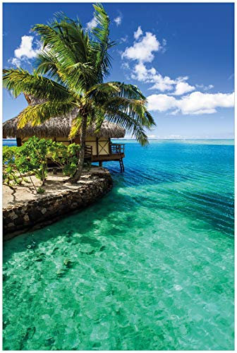 Wallario Glasbild Karibisches Meer Einsame Hütte unter Palmen - 60 x 90 cm Wandbilder Glas in Premium-Qualität: Brillante Farben, freischwebende Optik