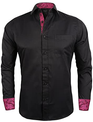 Alizeal Chemise business homme coupe slim business chemise patchwork à manches longues avec fermeture boutonnée, Noir + rose vif-M