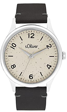 s.Oliver Armbanduhr Herren Quarzuhr Analog, mit Leder Armband, 5 bar Wasserdicht, Kommt in Uhren Geschenk Box