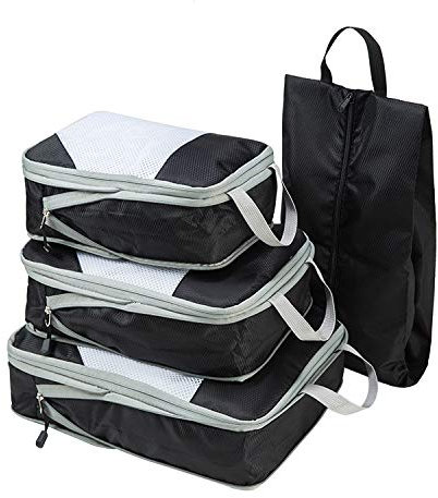 POIU 4-teiliges Packwürfel Set, Kompressionsverpackungs-Organizer, praktische Packtaschen erweiterbarer Gepäck-Organizer für Damen &Herren Handgepäck Rucksack Koffer-Organizer (Schwarz)