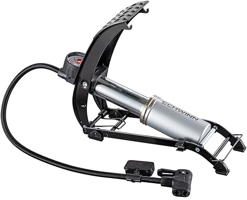Schwinn Air Base Foot Pump, Air-Zoned Pressure Gauge, High Pressure Foot Pump, Dual Head Nozzle Fits Both Schrader and Presta, Up to 120 PSI, Grey