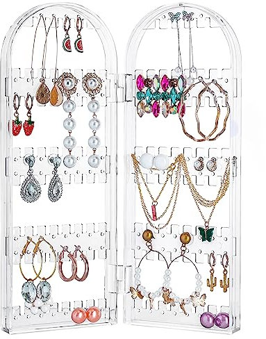 Kurtzy Foldable Acrylic Jewellery Organiser - 5 Tiers and 2 Panels of Storage for Ear Rings, Bracelets & Necklaces - Stores 60 Pairs of Earrings - Clear Transparent Display for Jewellery Storage
