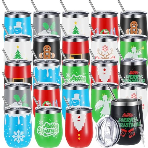 Gejoy Weihnachtsbecher, 340 ml, Edelstahlbecher mit Deckel, Reise-Weinbecher, Teeflasche, Weihnachten, Vakuum, doppellagig, Kaffeebecher (24)