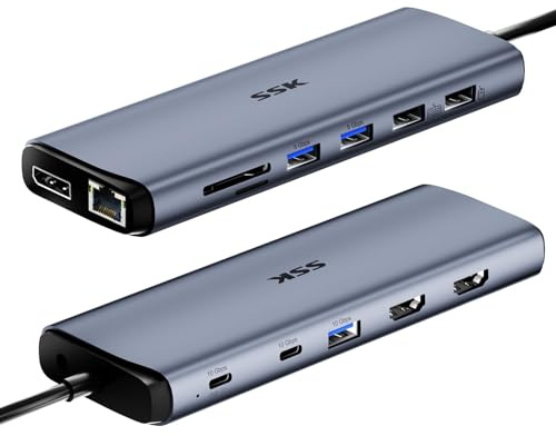 SSK 8K USB C Dock for Thunderbolt Laptop, MacBook Docking Station 3 Monitors,10Gbps USB C Hub Dual HDMI, Displayport, Ethernet,100W PD, Mic/Audio, USB C&A 3.2 Gen 2 Port for iPhone 15/Mac/Lenovo