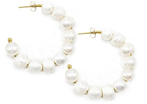 Feliss Creolen Gold goldene Ohrringe Damen mit Perlen Perlenohrringe aus Süßwasserperlen große Kreolen mit Stecker Verschluss Earrings aesthetic Rund