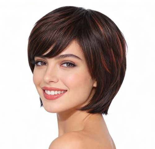 PARXITN Pixie Cut Perücke für Frauen Synthetische Perücke mit Pony Natürliches Haarteil Layered Haar Perücken Damen