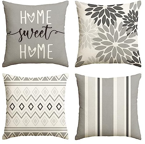 Artoid Mode Grau Dahlien Geometrisch Frühling Kissenbezüge 4er Set, 40x40 cm Zierkissenbezug Cushion Cover Couch Wohnzimmer Außenbereich Deko