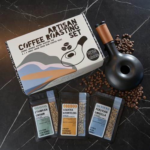 Roast Your Own Coffee Gift Set for Coffee Lovers - includes artisan Roasting Pan Green Coffee Beans How to Guide Light Medium Dark Level